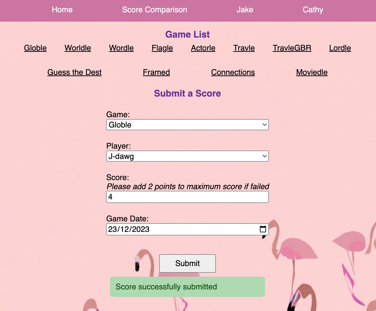 Screenshot of game scores page
